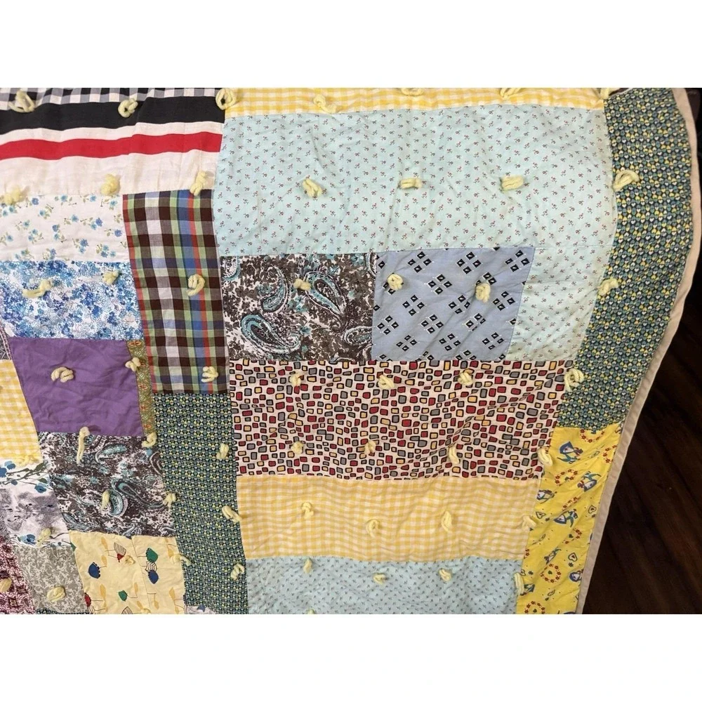 VTG Hand-Made Patchwork‎ Quilt Yarn Tied 64x80 Farmhouse Chickens Cottagecore